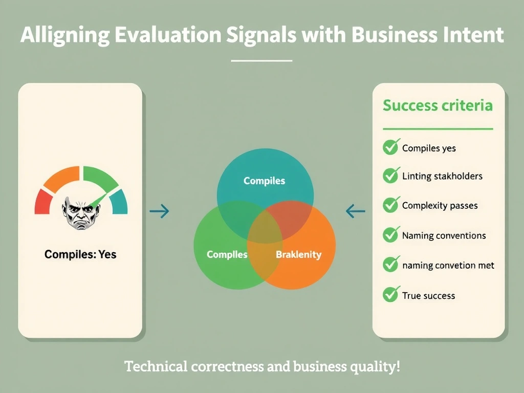2048x1536 landscape infographic titled 'Aligning Evaluation Signals with Business Intent'. Left panel: a gauge showing only 'Compiles: Yes' with a green checkmark, but a business stakeholder frowning at unmaintainable code. Right panel: expanded success criteria checklist — Compiles, Linting passes, Complexity within threshold, Naming conventions met — all checked green. Center: Venn diagram showing 'technical correctness' and 'business quality' overlapping at 'true success'. Clean flat design.