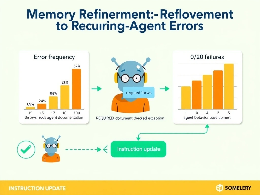 2048x1536 landscape infographic titled 'Memory Refinement for Recurring Agent Errors'. Left panel: error frequency chart showing 15/20 runs failing on throws documentation. Center: an agent with a knowledge base database icon; a new entry being added: 'REQUIRED: document throws for checked exceptions'. Right panel: same chart after refinement showing 0/20 failures. Process flow showing instruction update → knowledge base update → agent behavior correction. Clean flat design, amber and green palette.