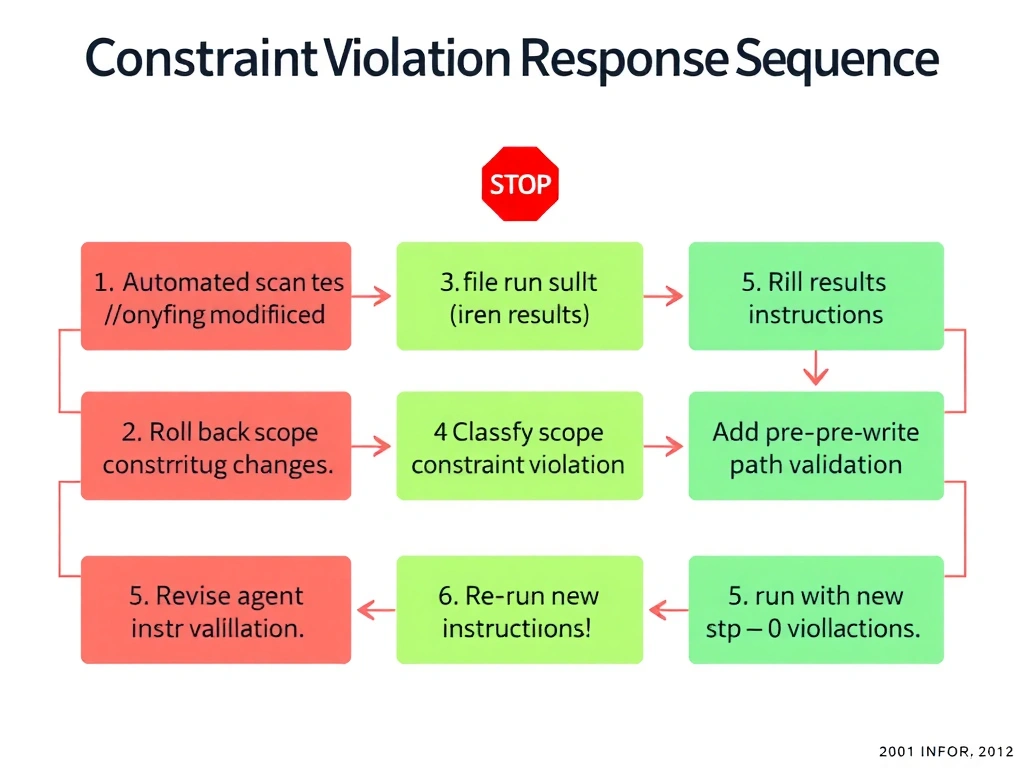 2048x1536 landscape infographic titled 'Constraint Violation Response Sequence'. Process flow: 1. Automated scan detects 3 files in /config modified. 2. Halt run results (red stop sign). 3. Roll back unauthorized changes. 4. Classify: scope constraint violation. 5. Revise agent instructions: add pre-write path validation. 6. Re-run with new instructions — 0 violations. Color-coded steps in red-to-green gradient. Clean flat design.