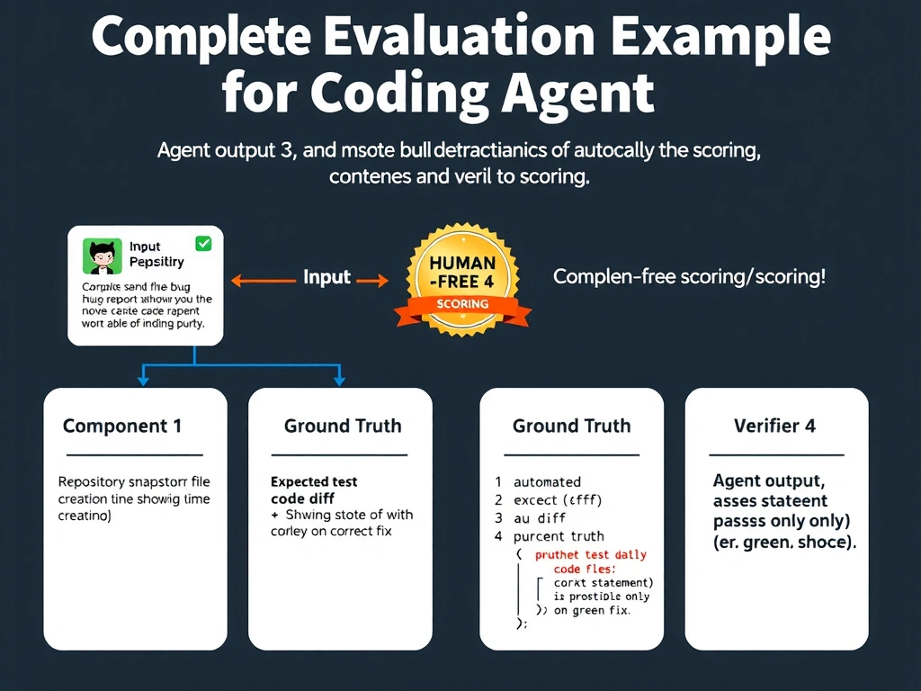 2048x1536 landscape infographic. Title: 'Complete Evaluation Example for Coding Agent'. Four-component diagram: Component 1 (Input) — GitHub issue description card with bug report. Component 2 (Environment) — repository snapshot at issue creation time, showing file tree. Component 3 (Ground Truth) — expected code diff showing correct fix highlighted green. Component 4 (Verifier) — automated test file with assert statements that passes only on correct fix (green check). Agent output flows into Component 3 and 4 for scoring. 'Human-free scoring' callout badge. Structured card layout with component numbers and icons.