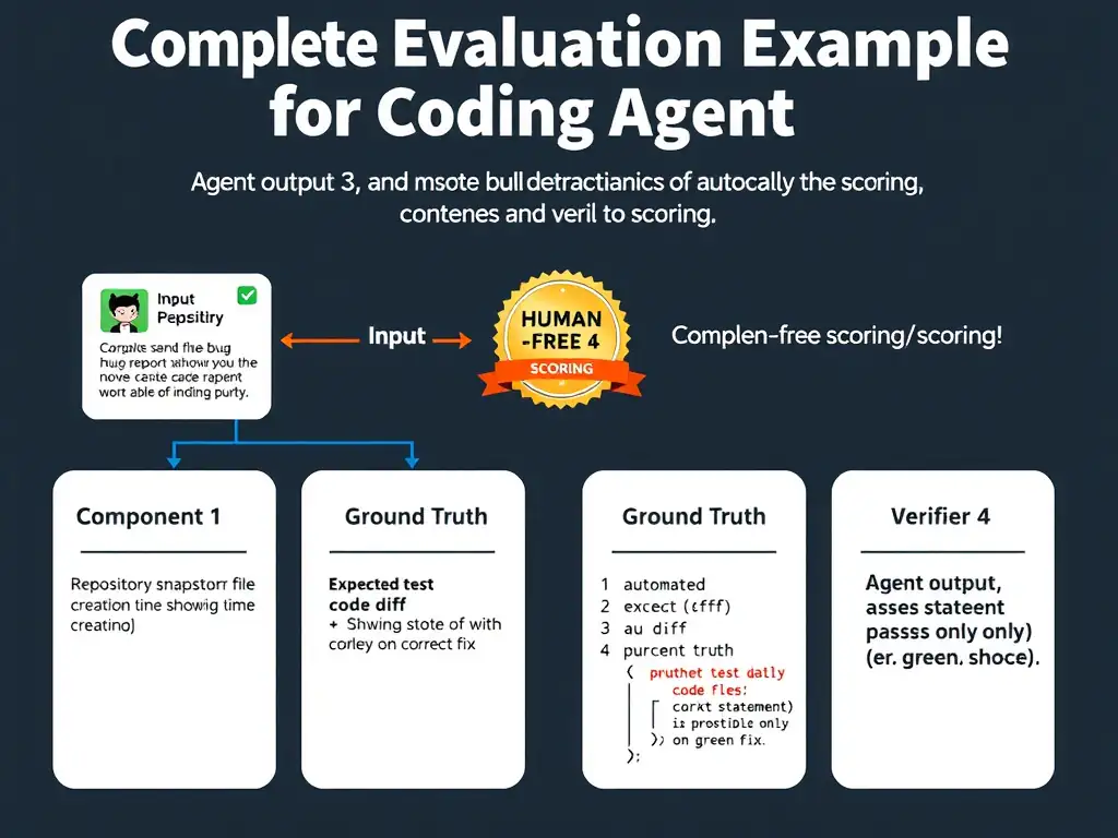 2048x1536 landscape infographic. Title: 'Complete Evaluation Example for Coding Agent'. Four-component diagram: Component 1 (Input) — GitHub issue description card with bug report. Component 2 (Environment) — repository snapshot at issue creation time, showing file tree. Component 3 (Ground Truth) — expected code diff showing correct fix highlighted green. Component 4 (Verifier) — automated test file with assert statements that passes only on correct fix (green check). Agent output flows into Component 3 and 4 for scoring. 'Human-free scoring' callout badge. Structured card layout with component numbers and icons.