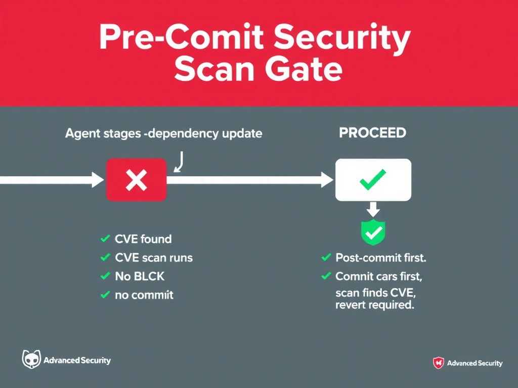 2048x1536 landscape infographic titled 'Pre-Commit Security Scan Gate'. Pipeline flow: Agent stages dependency update → Automated CVE scan runs → CVE found: BLOCK (red X, no commit) / No CVE: PROCEED (green check, commit). Contrast with post-commit flow: commit occurs first, scan finds CVE, revert required — showing extra steps and risk. GitHub Advanced Security shield icon. Clean flat design, red and green palette.