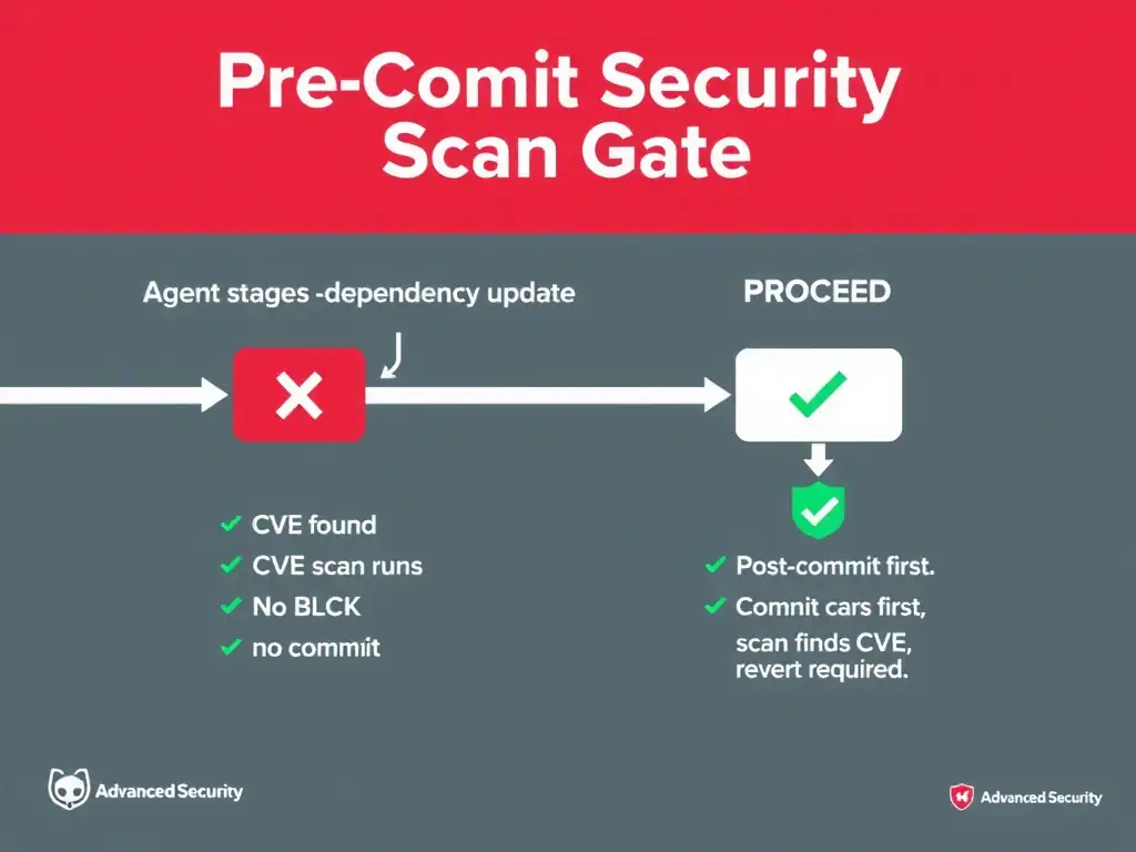 2048x1536 landscape infographic titled 'Pre-Commit Security Scan Gate'. Pipeline flow: Agent stages dependency update → Automated CVE scan runs → CVE found: BLOCK (red X, no commit) / No CVE: PROCEED (green check, commit). Contrast with post-commit flow: commit occurs first, scan finds CVE, revert required — showing extra steps and risk. GitHub Advanced Security shield icon. Clean flat design, red and green palette.