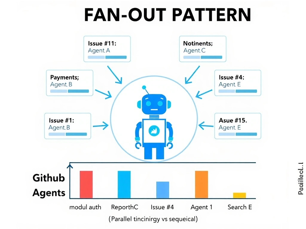 2048x1536 landscape infographic. Title: 'Fan-Out Pattern — Orchestrator Creates Issues for 5 Subagents'. Center shows Orchestrator robot icon with 5 arrows fanning out to 5 GitHub Issue cards: Issue #1 (auth module, assigned to Agent-A), Issue #2 (payments, Agent-B), Issue #3 (notifications, Agent-C), Issue #4 (reporting, Agent-D), Issue #5 (search, Agent-E). All 5 agents shown working in parallel (equal-height progress bars). Labels on issues: 'module:auth', 'agent:assigned'. Parallel timing diagram at bottom showing all 5 running simultaneously vs sequential. Blue orchestrator color, distinct colors per agent.