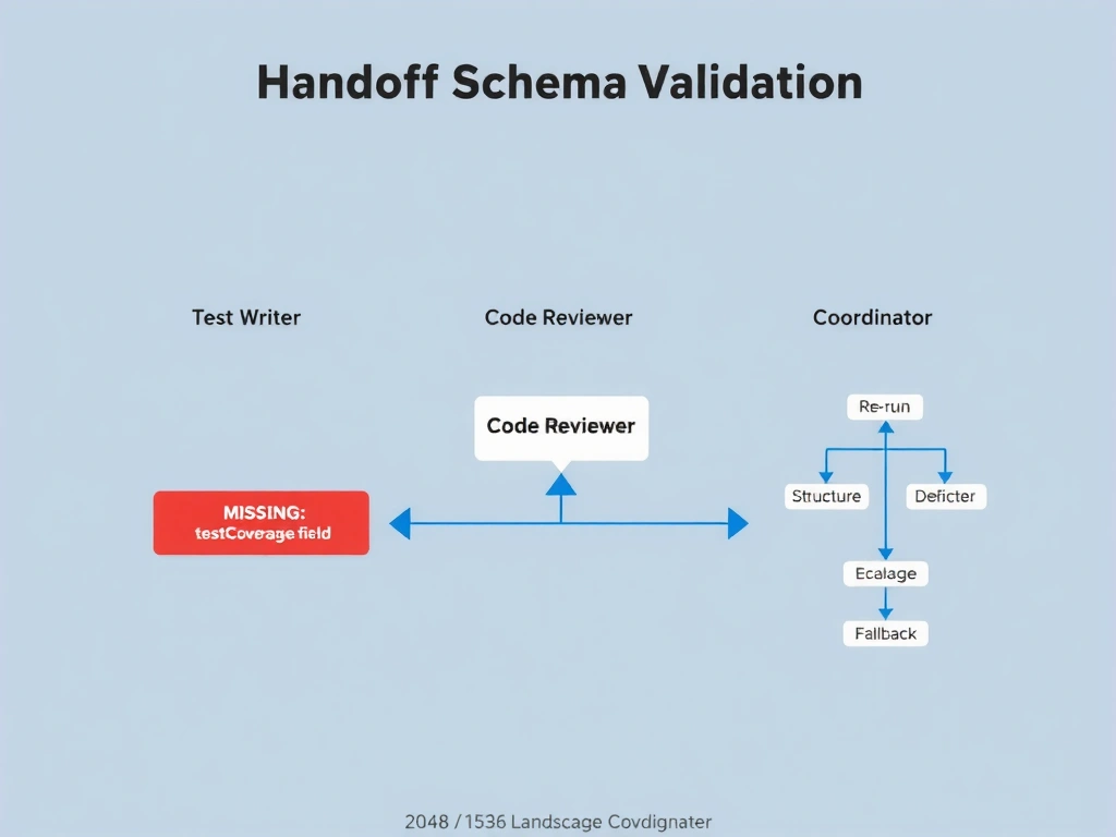 2048x1536 landscape infographic titled 'Handoff Schema Validation'. Three-agent pipeline: Test Writer → Code Reviewer → Coordinator. Arrow between Test Writer and Code Reviewer shows a handoff artifact with a red warning: 'MISSING: testCoverage field'. Code Reviewer shows a rejection response: structured error log, signal to coordinator. Coordinator decision tree: re-run sender / escalate / fallback. Clean flat design, red alert and blue pipeline palette.
