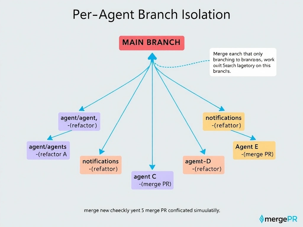 2048x1536 landscape infographic. Title: 'Per-Agent Branch Isolation'. Git branch diagram: main branch at top. Five feature branches fanning out below: agent/auth-refactor (Agent A), agent/payments-refactor (Agent B), agent/notifications-refactor (Agent C), agent/reporting-refactor (Agent D), agent/search-refactor (Agent E). Each branch shows commits from only its assigned agent. Merge arrows converge back to a 'merge PR' stage with conflict detection check. All 5 agents shown working in parallel on their own branches simultaneously. Branching tree visual with distinct colors per agent.