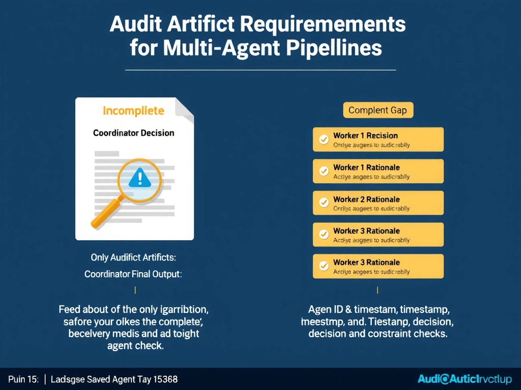 2048x1536 landscape infographic titled 'Audit Artifact Requirements for Multi-Agent Pipelines'. Two audit artifacts side by side: Left (incomplete) shows only 'Coordinator Final Output'. Right (complete) shows nested structure: Coordinator Decision + Worker 1 Rationale + Worker 2 Rationale + Worker 3 Rationale, each with agent ID, timestamp, decision, and constraint check. Magnifying glass on the incomplete artifact with 'Attribution Gap' warning. Clean flat design, navy and gold palette.