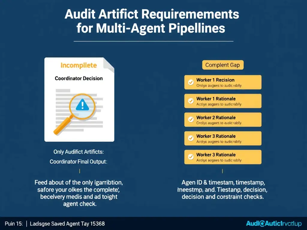 2048x1536 landscape infographic titled 'Audit Artifact Requirements for Multi-Agent Pipelines'. Two audit artifacts side by side: Left (incomplete) shows only 'Coordinator Final Output'. Right (complete) shows nested structure: Coordinator Decision + Worker 1 Rationale + Worker 2 Rationale + Worker 3 Rationale, each with agent ID, timestamp, decision, and constraint check. Magnifying glass on the incomplete artifact with 'Attribution Gap' warning. Clean flat design, navy and gold palette.