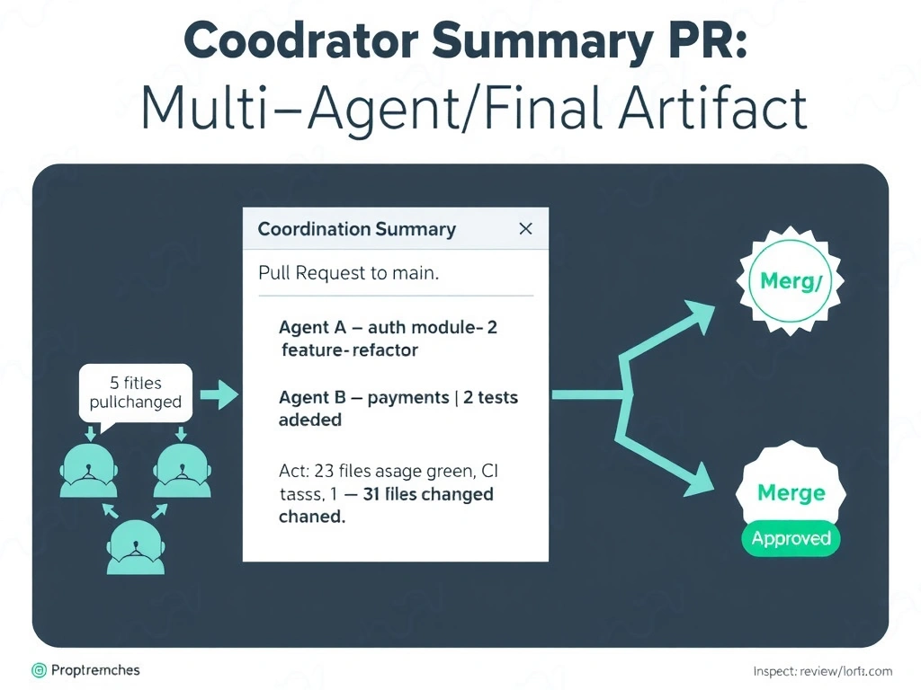 2048x1536 landscape infographic. Title: 'Coordination Summary PR — Multi-Agent Final Artifact'. Flow diagram: 5 agent branches (with their commits) merge into 'coordination/feature-refactor' branch. Orchestrator opens Pull Request to main. PR description panel shows structured summary: Agent A — auth module (3 files, 2 tests added), Agent B — payments (5 files, 4 tests), etc., plus total: 23 files changed, CI passing green. Human reviewer icon inspecting and approving the PR. Single merge arrow to main with 'Approved' badge. Clean flow with agent branch icons converging to PR.