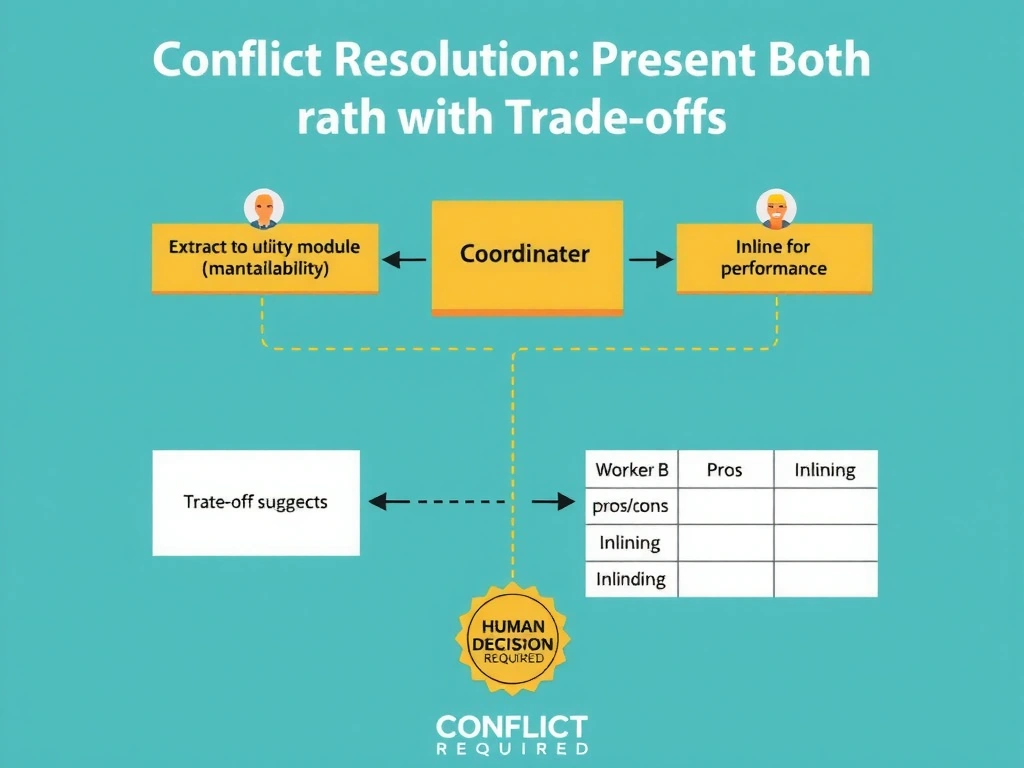 2048x1536 landscape infographic titled 'Conflict Resolution: Present Both with Trade-offs'. Two worker agent icons each connected to the same function block. Worker A: 'Extract to utility module (maintainability)'. Worker B: 'Inline for performance'. Coordinator combines both into a single review section: split-view showing both suggestions with trade-off table (Extraction: pros/cons vs. Inlining: pros/cons), flagged with 'HUMAN DECISION REQUIRED' badge. Clean flat design, teal and amber palette.