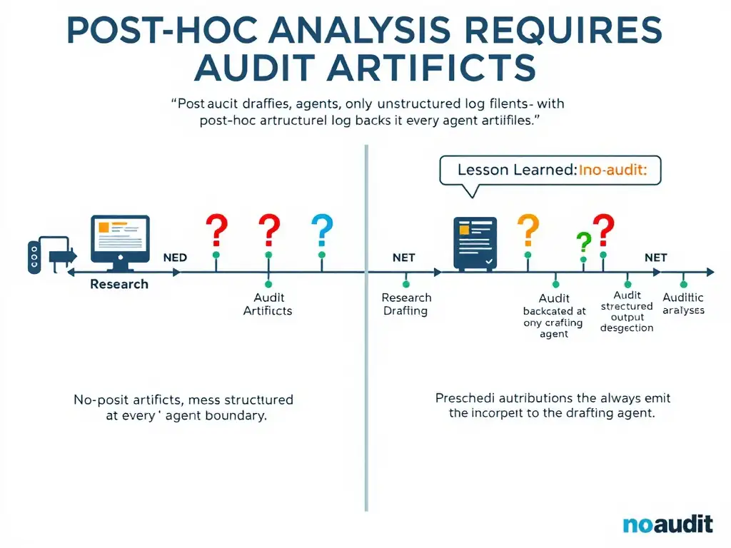 2048x1536 landscape infographic titled 'Post-Hoc Analysis Requires Audit Artifacts'. Left panel: pipeline with research, drafting, formatting agents — no audit artifacts, only unstructured log files. Post-hoc analysis shows question marks at every agent boundary. Right panel: same pipeline with structured audit artifacts at each stage, enabling precise attribution of the incorrect output to the drafting agent. 'Lesson Learned: always emit audit artifacts' callout. Clean flat design, grey (no-audit) vs. full-color (with-audit) contrast.