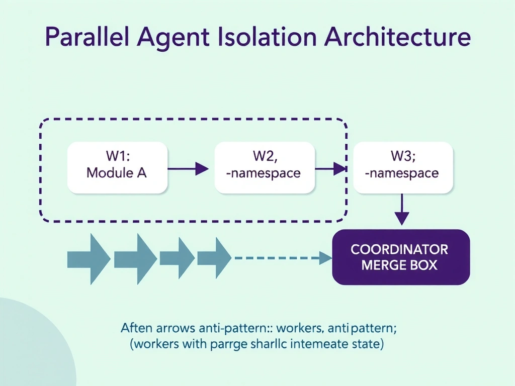 2048x1536 landscape infographic titled 'Parallel Agent Isolation Architecture'. Three worker agent boxes (W1: Module A, W2: Module B, W3: Module C), each enclosed in a dotted isolation boundary with their own namespace icons (W1-namespace, W2-namespace, W3-namespace). No arrows between workers. After completion, three arrows converge at a Coordinator merge box. Crossed-out anti-pattern: workers with bidirectional arrows (sharing intermediate state). Clean flat design, purple isolation boundaries.