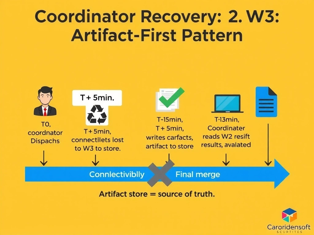 2048x1536 landscape infographic titled 'Coordinator Recovery: Artifact-First Pattern'. Timeline: T0 coordinator dispatches W1, W2, W3. T+5min: connectivity lost to W2 (dashed line). T+8min: W2 completes and writes artifact to store (green checkmark on artifact). T+13min: connectivity restored. Coordinator reads W2 artifact, validates, incorporates. Final merge shows all three results combined. 'Artifact store = source of truth' callout. Clean flat design, blue timeline with connectivity gap shown as grey interrupted segment.