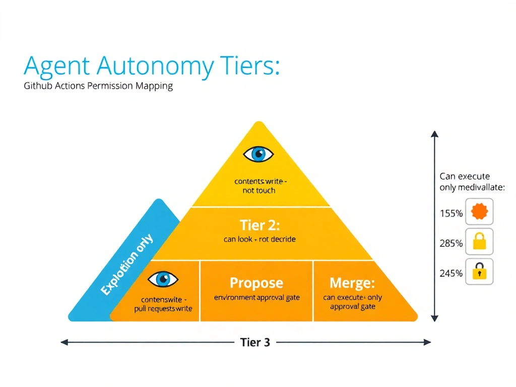 2048x1536 landscape infographic. Title: 'Agent Autonomy Tiers — GitHub Actions Permission Mapping'. Three-tier pyramid or table: Tier 1 (Exploration) — blue, contents:read only, eye icon, 'can look, not touch'; Tier 2 (Propose) — yellow, contents:write + pull-requests:write, pencil+PR icon, 'can propose, not decide'; Tier 3 (Merge) — orange, contents:write + pull-requests:write + environment approval gate, merge icon with padlock, 'can execute, only through approval gate'. Permission chips shown for each tier. Risk level indicators (low/medium/high) on right axis. Clean structured layout.