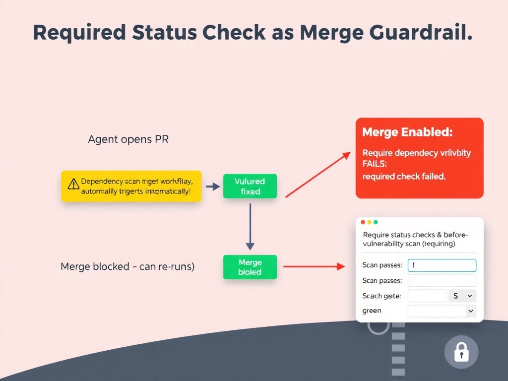 2048x1536 landscape infographic. Title: 'Required Status Check as Merge Guardrail'. Central flow: Agent opens PR → Dependency scan workflow triggers automatically → Scan finds vulnerability (red warning) → Required Status Check FAILS → Merge button greyed out with 'Merge blocked — required check failed' message. Second path: vulnerability fixed → scan re-runs → scan passes (green) → merge enabled. Branch protection settings panel on right side showing: 'Require status checks to pass before merging: dependency-vulnerability-scan (required)'. Lock icon on merge gate. Red to green flow.