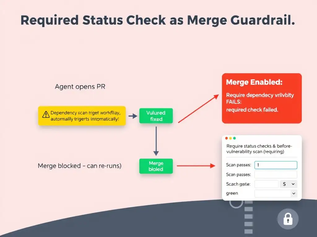 2048x1536 landscape infographic. Title: 'Required Status Check as Merge Guardrail'. Central flow: Agent opens PR → Dependency scan workflow triggers automatically → Scan finds vulnerability (red warning) → Required Status Check FAILS → Merge button greyed out with 'Merge blocked — required check failed' message. Second path: vulnerability fixed → scan re-runs → scan passes (green) → merge enabled. Branch protection settings panel on right side showing: 'Require status checks to pass before merging: dependency-vulnerability-scan (required)'. Lock icon on merge gate. Red to green flow.