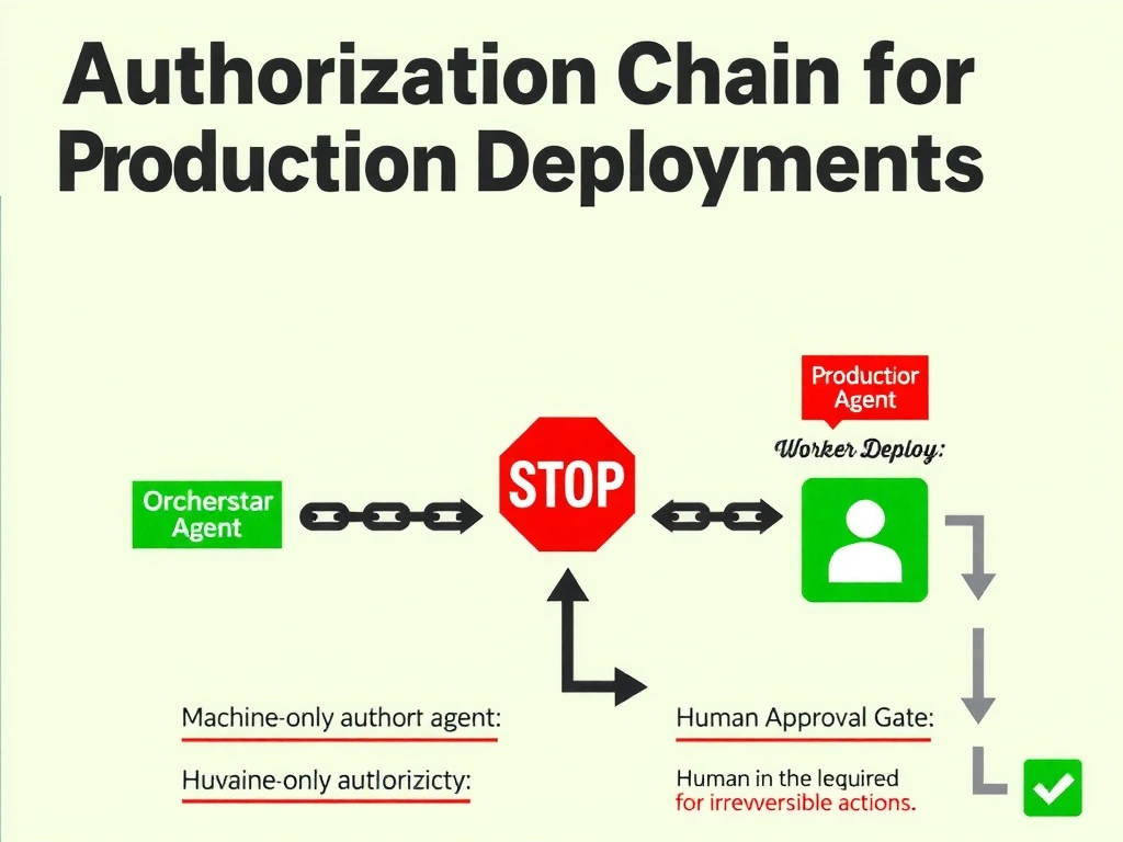 2048x1536 landscape infographic titled 'Authorization Chain for Production Deployments'. Chain diagram: Orchestrator Agent (green) → Worker Agent (green) → Production Deploy (red stop sign without human gate). Corrected chain: Orchestrator Agent → Human Approval Gate (person icon with checkmark) → Worker Agent → Production Deploy (green). Labels: 'Machine-only authorization: INSUFFICIENT' and 'Human in the loop: REQUIRED for irreversible actions'. Clean flat design, red and green palette, chain-link visual metaphor.