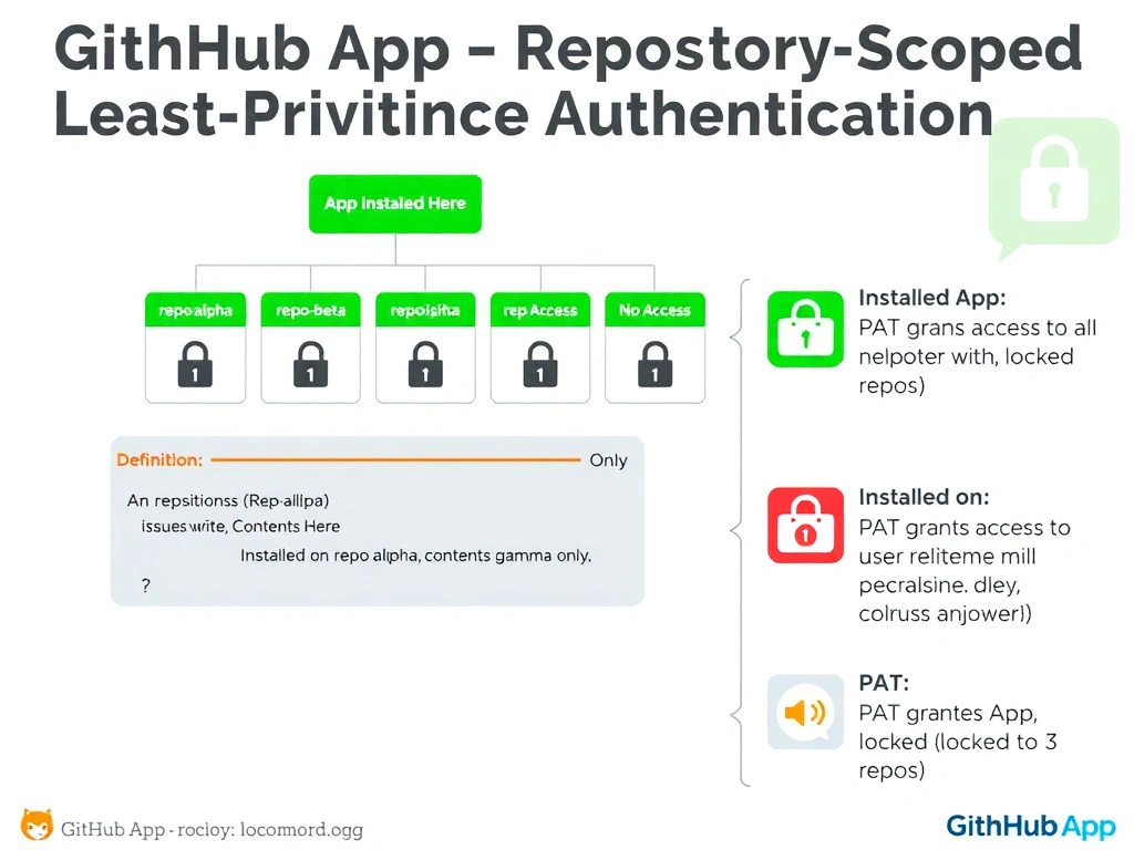 2048x1536 landscape infographic. Title: 'GitHub App — Repository-Scoped Least-Privilege Authentication'. Organization diagram showing 10 repositories in the org. Three repositories (repo-alpha, repo-beta, repo-gamma) highlighted with green borders labeled 'App Installed Here'. Seven other repos grayed out with lock icons labeled 'No Access'. GitHub App definition panel showing permissions: issues:write, contents:write. Installation panel showing: 'Installed on: repo-alpha, repo-beta, repo-gamma only'. Comparison column on right: PAT grants access to all user repos (red), GitHub App locked to 3 repos (green).