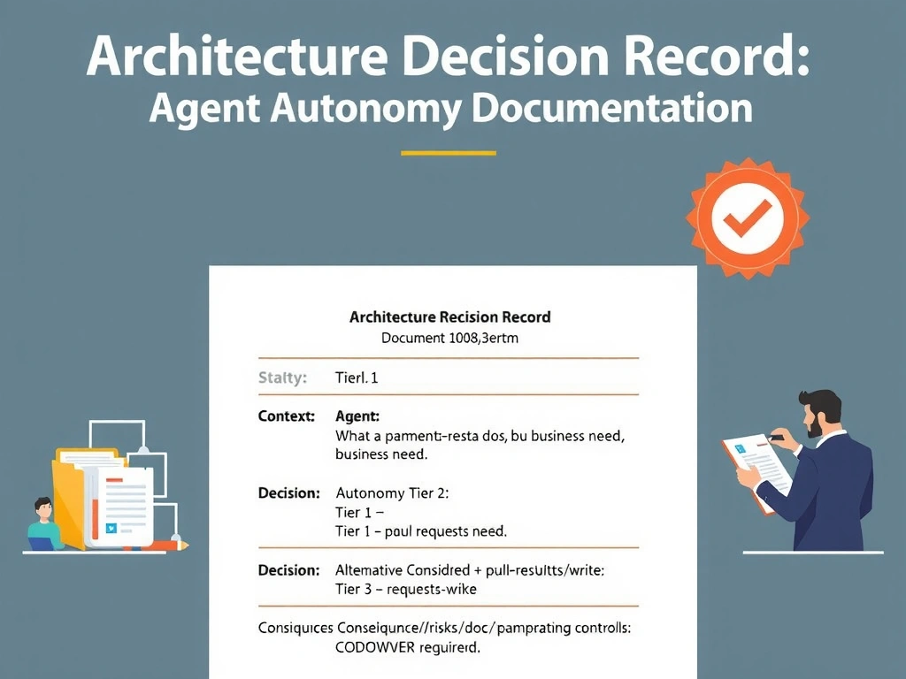 2048x1536 landscape infographic. Title: 'Architecture Decision Record — Agent Autonomy Documentation'. Center shows an ADR document template with labeled sections: Title (Agent: payments-refactor-agent), Date, Status (Accepted), Context (what the agent does, business need), Decision (Autonomy Tier 2, permissions: contents:write + pull-requests:write), Alternatives Considered (Tier 1 — too restrictive, Tier 3 — too risky), Consequences (risks accepted + compensating controls: CODEOWNERS review required). Repository folder tree on left showing docs/decisions/ADR-042-payments-agent-autonomy.md. Compliance audit checkmark badge. Professional document styling.