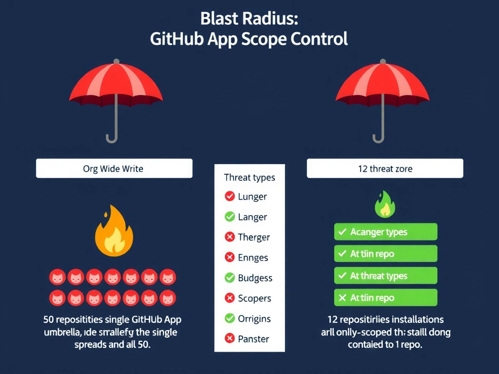 A 2048x1536 landscape educational infographic titled 'Blast Radius: GitHub App Scope Control'. Left panel shows an organization with 50 repositories, all highlighted in red under a single GitHub App umbrella labeled 'Org-Wide Write'—a small flame icon ignites one repo and spreads to all 50. Right panel shows the same org with only 12 repositories highlighted in green under a scoped installation, and the flame is contained to 1 repo. Center column lists the 4 threat types with checkmarks and X marks. Color palette: deep navy background, red for danger zones, green for safe zones, white typography.