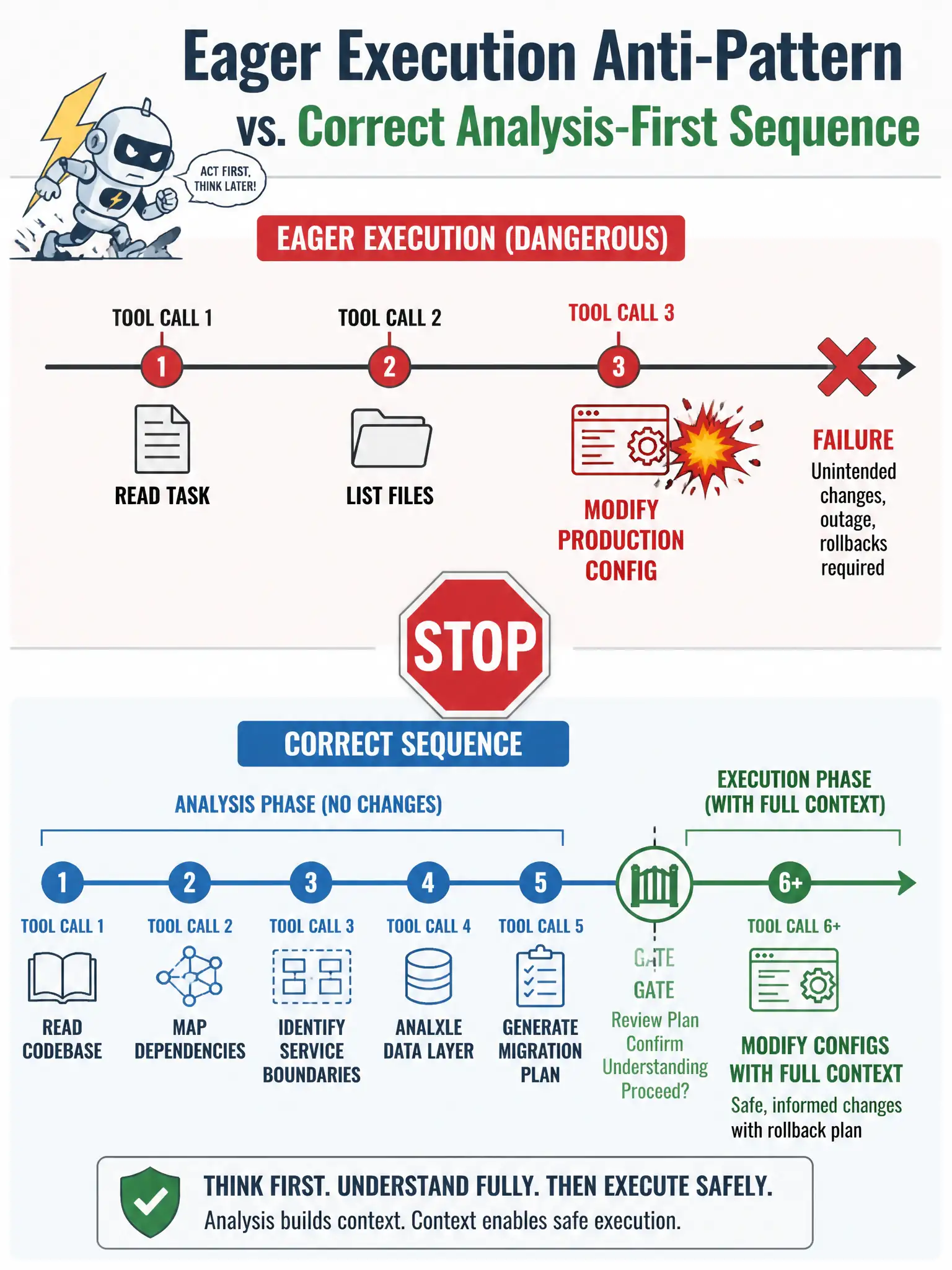 1536x2048 portrait infographic titled 'Eager Execution Anti-Pattern vs. Correct Analysis-First Sequence' showing two horizontal timelines. TOP timeline labeled 'EAGER EXECUTION (DANGEROUS)' shows tool call 1 (read task), tool call 2 (list files), tool call 3 (MODIFY PRODUCTION CONFIG — shown in red with explosion icon), then a red cross marking failure. BOTTOM timeline labeled 'CORRECT SEQUENCE' shows tool call 1-5 in blue as analysis phase (read codebase, map dependencies, identify service boundaries, analyze data layer, generate migration plan), a green GATE marker, then tool call 6+ in green as execution phase (modify configs with full context). A large STOP sign sits between the two timelines. Anti-pattern icon in the top-left: robot with lightning bolt acting before thinking.