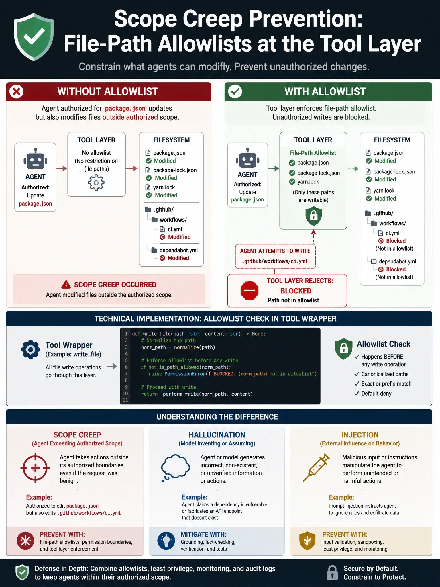 1536x2048 portrait infographic titled 'Scope Creep Prevention: File-Path Allowlists at the Tool Layer' showing two scenarios: WITHOUT ALLOWLIST showing agent authorized for package.json updates but also modifying .github/workflows/ci.yml and .github/dependabot.yml outside authorized scope; WITH ALLOWLIST showing tool layer with File-Path Allowlist: package.json, package-lock.json, yarn.lock only; agent attempts to write .github/workflows/ci.yml; tool layer rejects: BLOCKED path not in allowlist; center shows technical implementation: allowlist check in tool wrapper code before any write operation; bottom panel shows the distinction between scope creep (agent exceeding authorized scope) vs. hallucination vs. injection with clear labels; clean security architecture infographic