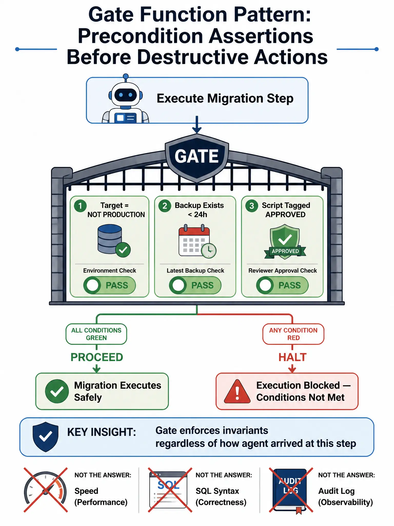 1536x2048 portrait infographic titled 'Gate Function Pattern: Precondition Assertions Before Destructive Actions' showing a vertical pipeline for a database migration agent. At the top: agent icon with 'Execute Migration Step' label. Below it: a large GATE icon with three condition panels arranged as green/red toggle cards: Card 1 'Target = NOT PRODUCTION' (shows database instance check with environment label), Card 2 'Backup Exists < 24h' (shows backup timestamp check with calendar icon), Card 3 'Script Tagged APPROVED' (shows reviewer approval badge). Below the gate: two outcomes — LEFT branch (all conditions green): green PROCEED arrow to 'Migration Executes Safely'; RIGHT branch (any condition red): red HALT arrow to 'Execution Blocked — Conditions Not Met' with an alert icon. Bottom strip shows the key insight box: 'Gate enforces invariants regardless of how agent arrived at this step' with a shield icon. Small crossed-out icons for the three wrong answers: speedometer (speed), SQL syntax checker, audit log book.