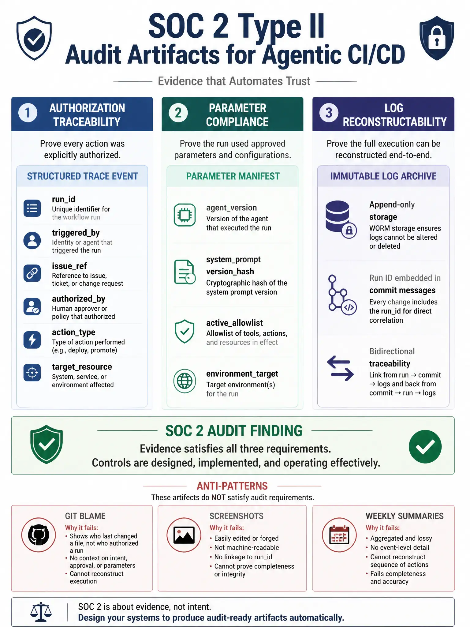 1536x2048 portrait infographic titled 'SOC 2 Type II Audit Artifacts for Agentic CI/CD' showing three audit requirement columns with their corresponding artifacts: COLUMN 1 Authorization Traceability showing Structured Trace Event fields: runid, triggeredby, issueref, authorizedby, actiontype, targetresource; COLUMN 2 Parameter Compliance showing Parameter Manifest fields: agent version, system prompt version hash, active allowlist, environment target; COLUMN 3 Log Reconstructability showing Immutable Log Archive with append-only storage icon, run ID embedded in commit messages, bidirectional traceability arrows; center shows SOC 2 audit finding: evidence satisfies all three requirements; bottom shows anti-patterns: git blame, screenshots, weekly summaries and why each fails to satisfy audit requirements; clean enterprise compliance infographic