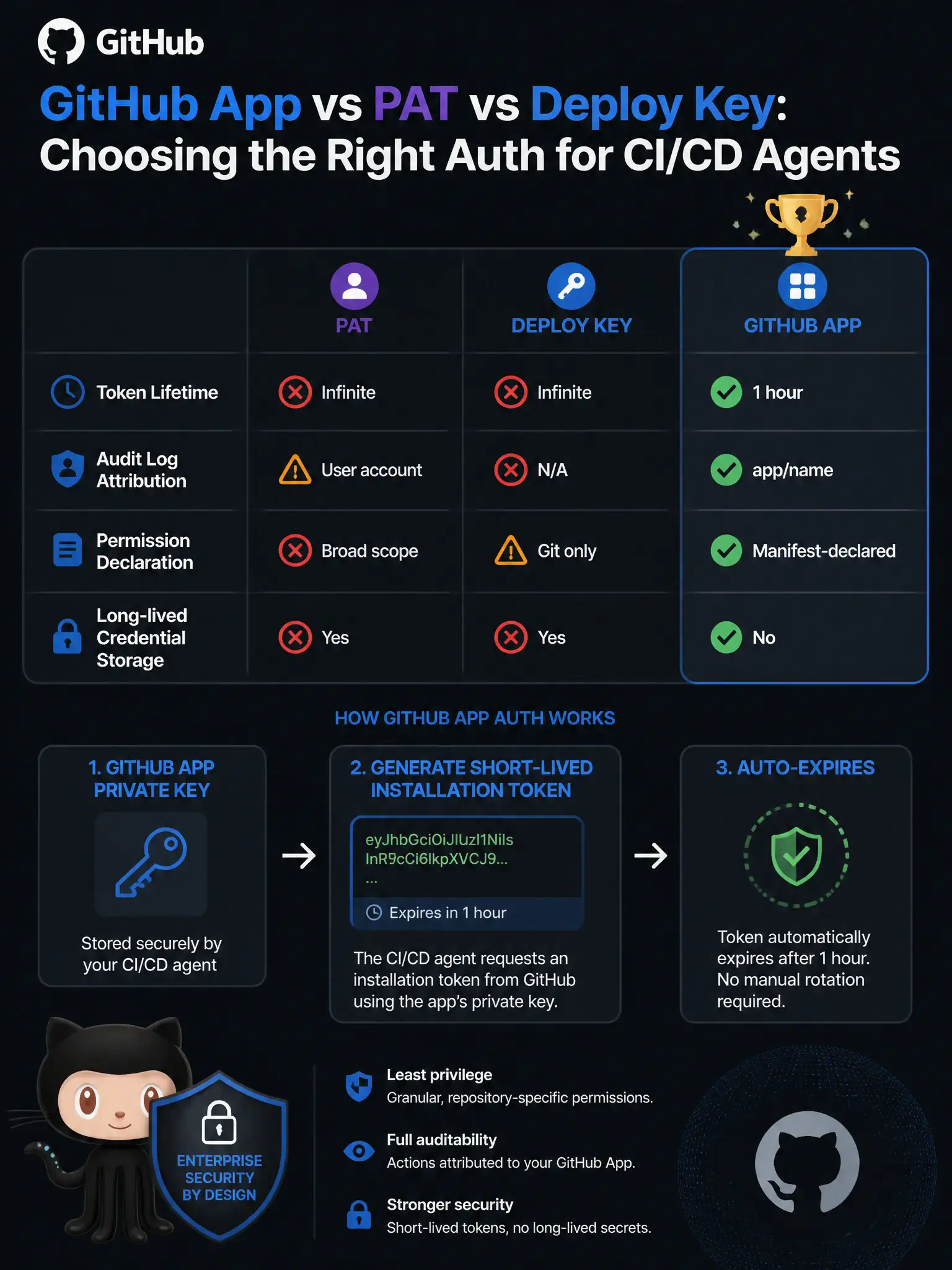 1536x2048 portrait infographic titled GitHub App vs PAT vs Deploy Key: Choosing the Right Auth for CI/CD Agents showing a three-column comparison table with a trophy icon on the GitHub App column. Each column lists four criteria rows: Token Lifetime (PAT: infinite red X, Deploy Key: infinite red X, GitHub App: 1 hour green checkmark), Audit Log Attribution (PAT: user account orange warning, Deploy Key: N/A red X, GitHub App: app/name green checkmark), Permission Declaration (PAT: broad scope red X, Deploy Key: git only orange warning, GitHub App: manifest-declared green checkmark), Long-lived Credential Storage (PAT: yes red X, Deploy Key: yes red X, GitHub App: no green checkmark). Below the table, a flow diagram shows a GitHub App private key generating a short-lived installation token that auto-expires. GitHub logo and Octocat mascot with an enterprise security badge. Dark background with GitHub brand colors, clean modern grid layout.