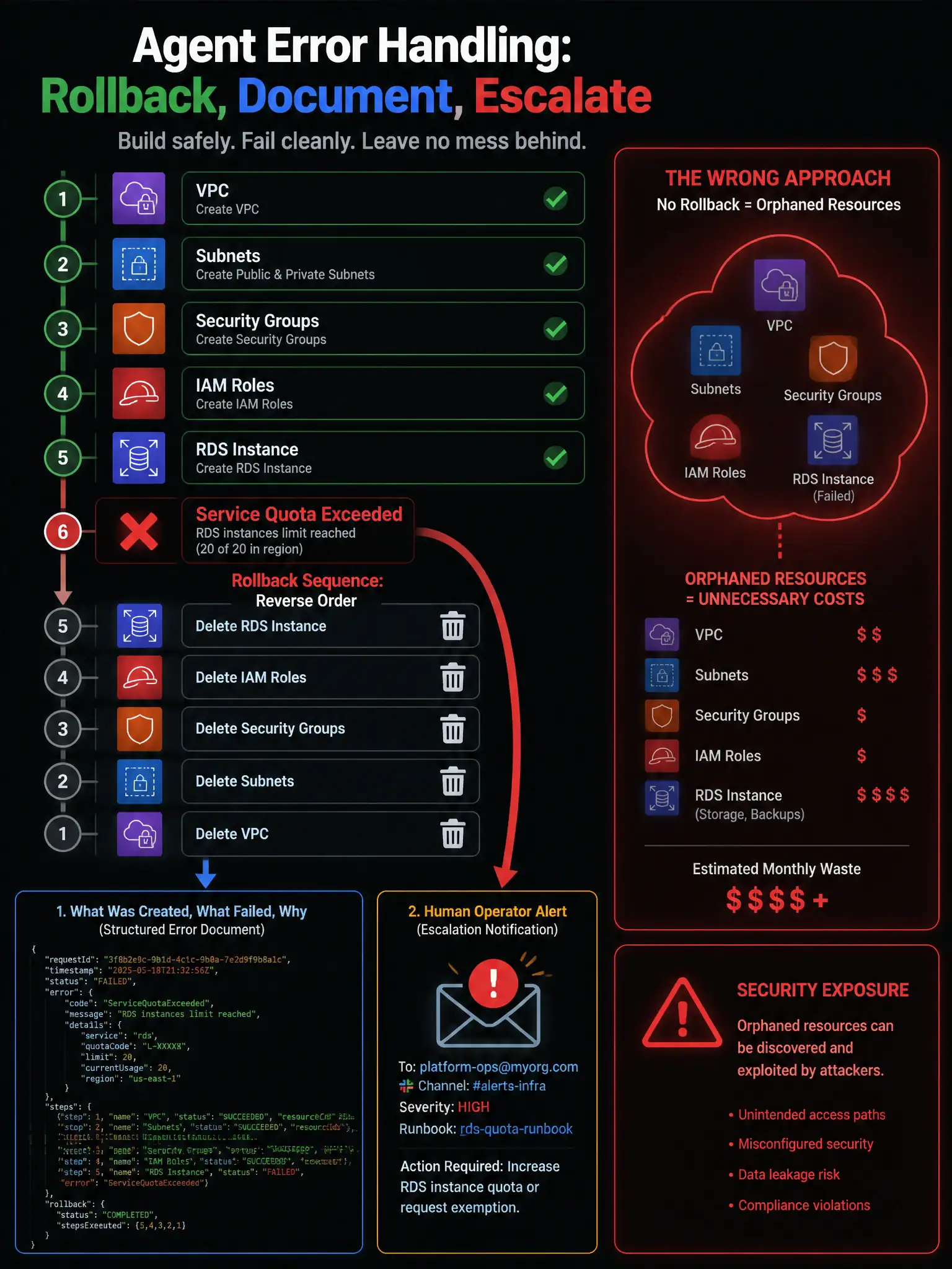 1536x2048 portrait infographic titled Agent Error Handling: Rollback, Document, Escalate showing a vertical timeline of 10 numbered steps with step icons for VPC, Subnets, Security Groups, IAM Roles, RDS Instance, and then a red X at step 6 labeled Service Quota Exceeded. From the red X, a curved arrow sweeps back downward labeled Rollback Sequence: Reverse Order with steps 5, 4, 3, 2, 1 each showing a trash/delete icon. Below the rollback sequence, two output artifacts are shown: a structured JSON error document labeled What Was Created, What Failed, Why, and an escalation notification icon labeled Human Operator Alert. On the far right, a red danger zone illustrates the wrong approach: orphaned resources floating in a cloud icon with dollar sign cost indicators and a red warning security exposure label. Clean technical diagram with AWS cloud service icons, dark background, red and green accent colors.