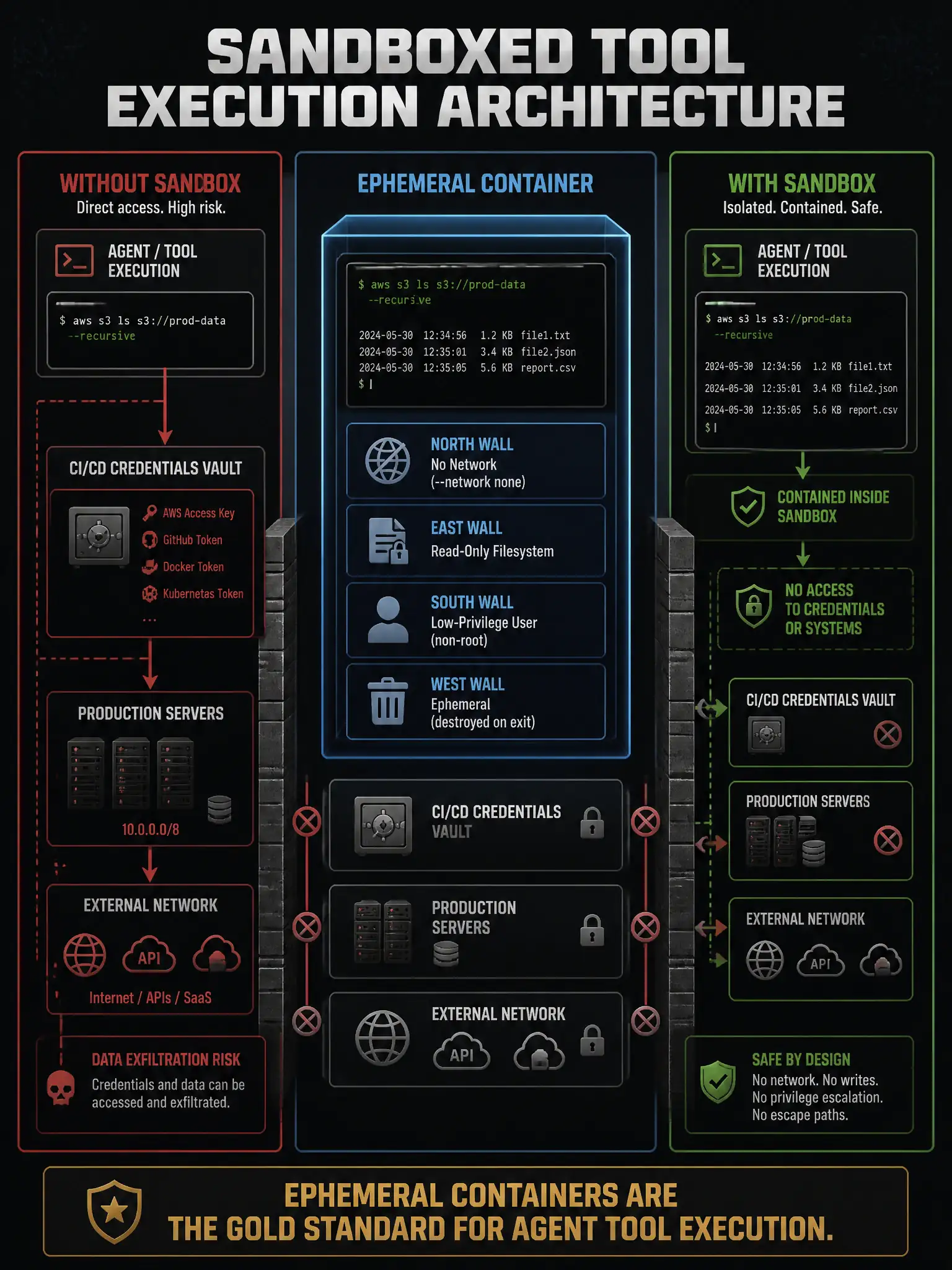 A 1536x2048 portrait educational infographic titled 'Sandboxed Tool Execution Architecture'. Center: an ephemeral container diagram with four labeled walls: 'No Network (--network none)', 'Read-Only Filesystem', 'Low-Privilege User', 'Ephemeral (destroyed on exit)'. Inside the container: a shell command executing safely. Outside the container: CI/CD credentials vault, production servers, external network—all separated by thick walls. Left panel: 'Without Sandbox'—command execution with direct access to credentials and network (red arrows showing exfiltration). Right panel: 'With Sandbox'—same command, contained (green, no escape paths). Footer: 'Ephemeral containers are the gold standard for agent tool execution.' Dark tech aesthetic.
