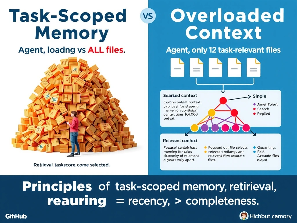 2048x1536 landscape infographic titled 'Data Minimization for Agent Long-Term Memory' showing a six-field data inventory table on the left listing employee name, job title, start date, department, manager name, and salary band, with a decision tree in the center filtering each field through two gates labeled 'Needed for future sessions?' and 'Retrievable on demand or sensitive?', color-coded arrows routing job title and department to a green 'Retain in memory' bucket on the right, name and manager to a blue 'Retrieve from HR on demand' bucket, start date to a yellow 'One-time fact — discard' bucket, and salary band to a red 'Never retain — sensitive' bucket, with GDPR data minimization principle badge in the corner, clean enterprise diagram styling
