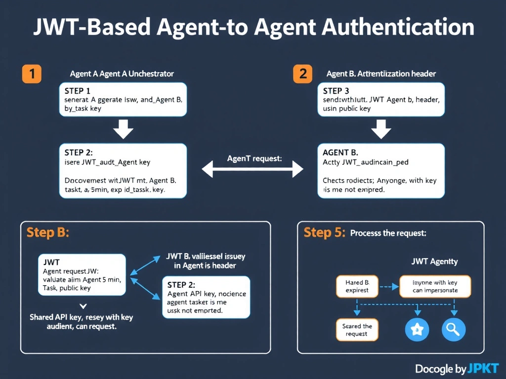 2048x1536 landscape infographic titled 'JWT-Based Agent-to-Agent Authentication' showing an authentication flow between Agent A (Orchestrator) and Agent B (Executor): Step 1 Agent A generates signed JWT with claims iss:agent-a, aud:agent-b, exp:+5min, taskid:xyz123 using private key; Step 2 Agent A sends request with JWT in Authorization header; Step 3 Agent B validates JWT signature against Agent A public key; Step 4 Agent B checks claims: issuer correct, audience is me, token not expired; Step 5 Agent B processes the request; JWT structure shown as decoded header.payload.signature with each claim labeled; comparison panel showing shared API key problems: no expiry, anyone with key can impersonate, no audience binding; clean authentication architecture infographic with JWT and PKI iconography