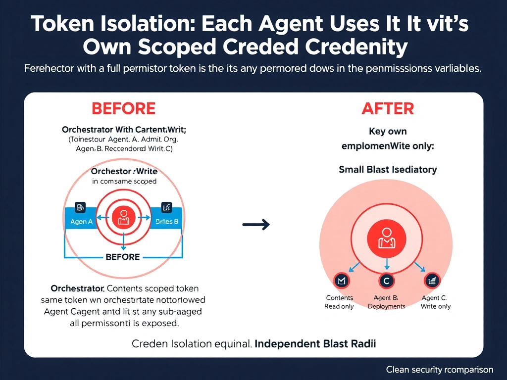 2048x1536 landscape infographic titled 'Token Isolation: Each Agent Uses Its Own Scoped Credential' showing a before-and-after architecture: BEFORE panel showing Orchestrator with full-permission token (Contents:Write, Admin:Org, Actions:Write) passing the same token down to Agent A, Agent B, and Agent C in environment variables; red blast radius circle showing if any sub-agent is compromised all permissions are exposed; AFTER panel showing Orchestrator with its own orchestrator-scoped token and each sub-agent with its own narrowly scoped credential (Agent A: Contents:Read only, Agent B: Actions:Write only, Agent C: Deployments:Write only); small independent blast radius circles for each agent; key security property label: Credential Isolation equals Independent Blast Radii; clean security architecture comparison infographic