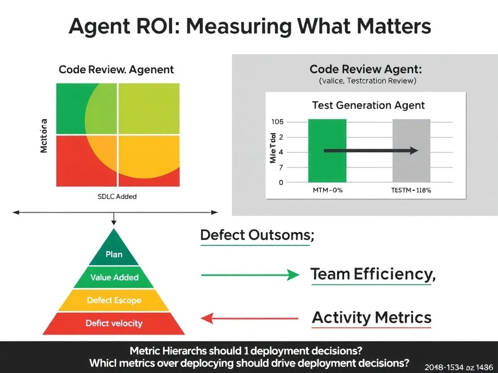 2048x1536 landscape infographic titled 'Agent ROI: Measuring What Matters'. Left panel shows a 2x2 grid with SDLC stages (Plan, Implement, Test, Review) and a heat map coloring stages green (value added), yellow (neutral), red (harm). Right panel shows two side-by-side bar charts: Code Review Agent (MTTM -40% green bar, Defect Escape +12% red bar), Test Generation Agent (MTTM 0% gray bar, Defect Escape -18% green bar). Bottom section shows a 'Metric Hierarchy Pyramid' with 'Customer Outcomes' at top (defect escape, incidents), 'Team Efficiency' in middle (MTTM, velocity), and 'Activity Metrics' at base. Arrows show which metrics should drive deployment decisions.