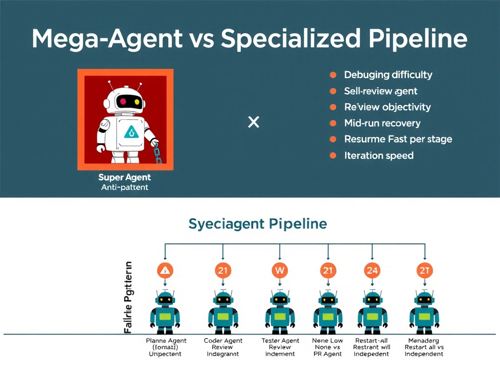2048x1536 landscape infographic titled 'Mega-Agent Anti-Pattern vs Specialized Pipeline'. Top half shows a single giant robot labeled 'Super-Agent' with all five tasks (Plan, Code, Test, Review, PR) inside one red bordered box, with a broken chain icon and 'Failure = Full Restart' label. Bottom half shows five smaller robots in a left-to-right pipeline (Planner Agent → Coder Agent → Test Agent → Review Agent → PR Agent) each with their own green bordered box and independent failure indicators. Side column compares: Debugging difficulty (High vs Low), Self-review objectivity (None vs Independent), Mid-run recovery (Restart all vs Resume from step), Iteration speed (Slow vs Fast per stage).