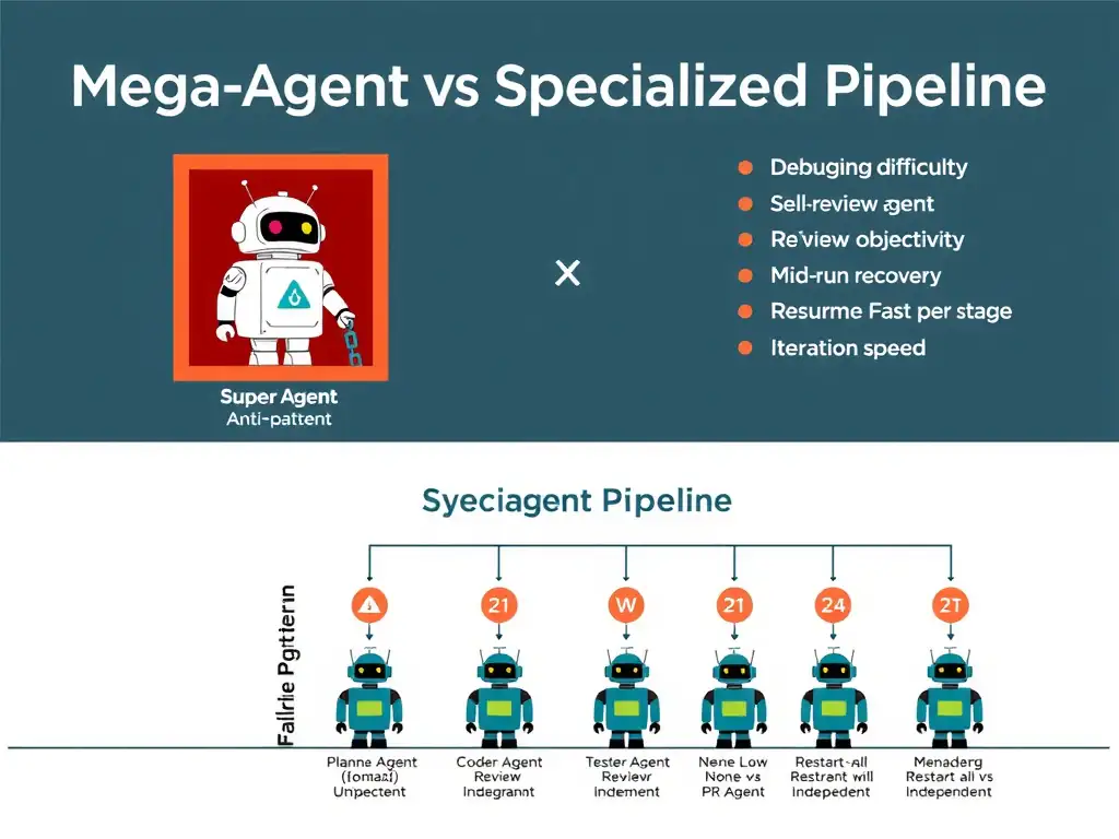 2048x1536 landscape infographic titled 'Mega-Agent Anti-Pattern vs Specialized Pipeline'. Top half shows a single giant robot labeled 'Super-Agent' with all five tasks (Plan, Code, Test, Review, PR) inside one red bordered box, with a broken chain icon and 'Failure = Full Restart' label. Bottom half shows five smaller robots in a left-to-right pipeline (Planner Agent → Coder Agent → Test Agent → Review Agent → PR Agent) each with their own green bordered box and independent failure indicators. Side column compares: Debugging difficulty (High vs Low), Self-review objectivity (None vs Independent), Mid-run recovery (Restart all vs Resume from step), Iteration speed (Slow vs Fast per stage).