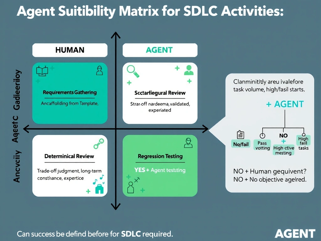 2048x1536 landscape infographic titled 'Agent Suitability Matrix for SDLC Activities'. Four activity cards arranged in a 2x2 grid. Top-left: 'Requirements Gathering' labeled HUMAN — ambiguous input, relationship navigation, political context icons. Top-right: 'Scaffolding from Template' labeled AGENT — deterministic, schema-validated, automated icons. Bottom-left: 'Architectural Review' labeled HUMAN — trade-off judgment, long-term consequence, expertise icons. Bottom-right: 'Regression Testing' labeled AGENT — pass/fail, high-volume, objective metrics icons. Decision tree on right side: 'Can success be defined before task starts? YES → Agent candidate. NO → Human required.' Color coding: green for agent, blue for human.