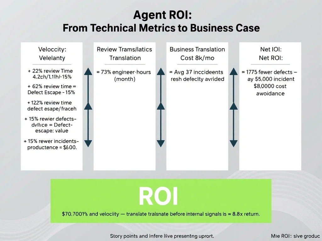 2048x1536 landscape infographic titled 'Agent ROI: From Technical Metrics to Business Case'. Left column shows raw technical metrics: Velocity +22%, Review Time 4.2h→1.1h, Defect Escape -15%, Cost $8k/mo. Center column shows translation arrows labeled 'Business Translation.' Right column shows business outcomes: '73% review time reduction = 620 engineer-hours/month = $52,700 productivity value,' '15% fewer defects = avg 3 incidents avoided = $18,000 incident cost avoidance,' 'Net ROI: $70,700 value vs $8,000 cost = 8.8x return.' Large green ROI banner at bottom. Small callout: 'Story points and velocity are internal signals — translate before presenting upward.'