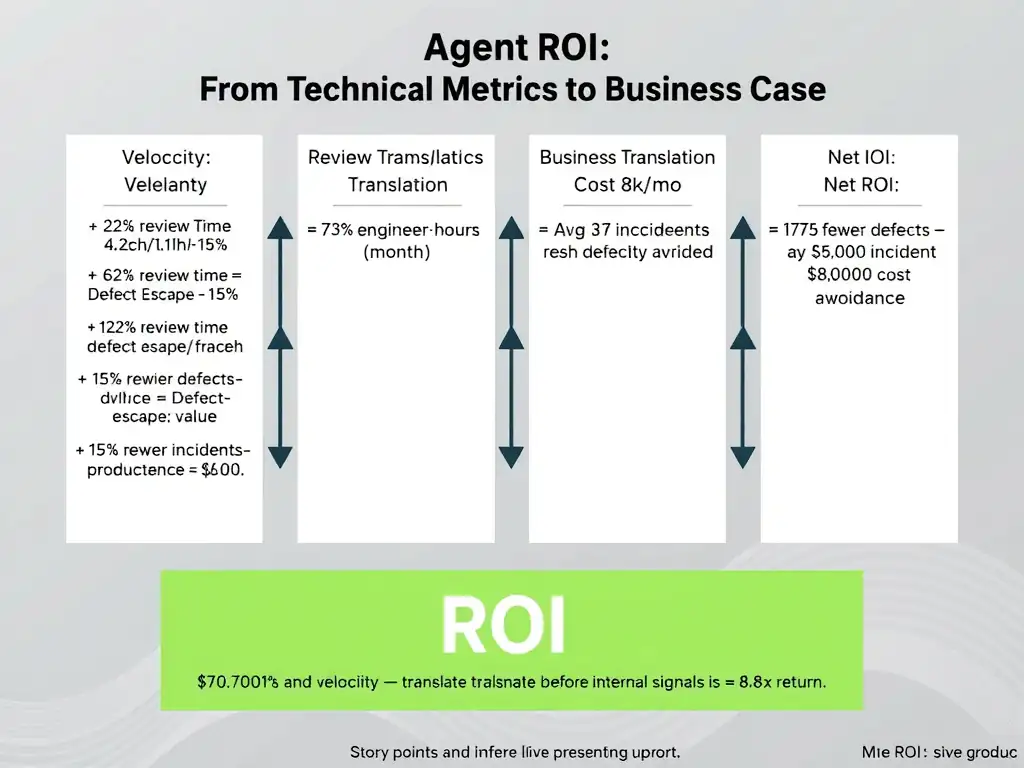 2048x1536 landscape infographic titled 'Agent ROI: From Technical Metrics to Business Case'. Left column shows raw technical metrics: Velocity +22%, Review Time 4.2h→1.1h, Defect Escape -15%, Cost $8k/mo. Center column shows translation arrows labeled 'Business Translation.' Right column shows business outcomes: '73% review time reduction = 620 engineer-hours/month = $52,700 productivity value,' '15% fewer defects = avg 3 incidents avoided = $18,000 incident cost avoidance,' 'Net ROI: $70,700 value vs $8,000 cost = 8.8x return.' Large green ROI banner at bottom. Small callout: 'Story points and velocity are internal signals — translate before presenting upward.'
