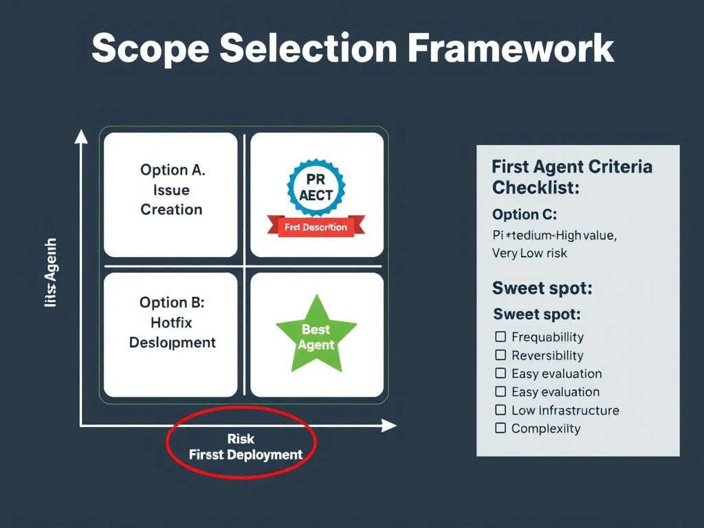 2048x1536 landscape infographic titled 'First Agent: Scope Selection Framework'. Three candidate options displayed as risk-reward quadrant cards: Option A 'Issue Creation' — Medium value, Medium risk, positioned in upper-center. Option B 'Hotfix Deployment' — High value, Very High risk, positioned upper-right with red warning border and 'NOT for first deployment' badge. Option C 'PR Description' — Medium-High value, Very Low risk, positioned center-left with green 'Best First Agent' star. Axes: X=Risk (Low→High), Y=Value (Low→High). Sweet spot circle around Option C. Right panel: 'First Agent Criteria Checklist' — Frequency ✓, Reversibility ✓, Easy evaluation ✓, Low infrastructure complexity ✓.
