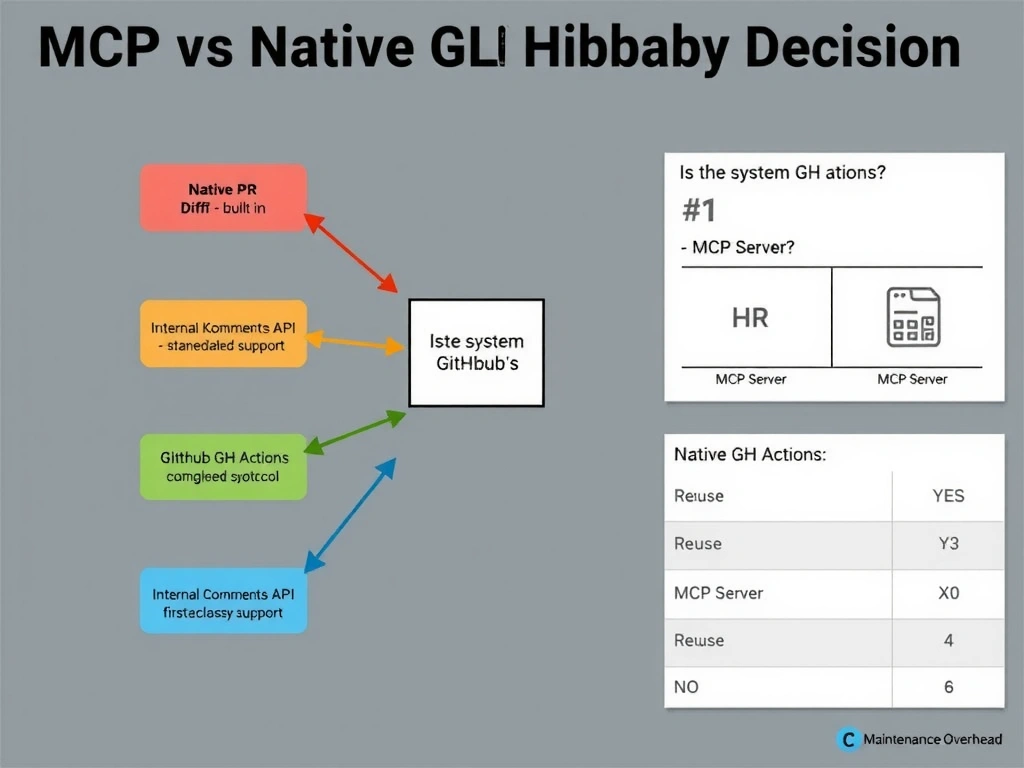 2048x1536 landscape infographic titled 'MCP vs Native GitHub Actions: Integration Boundary Decision'. Center shows a code review agent box. Four arrows emanating to four systems: Arrow 1 → GitHub PR Diff (labeled 'Native GH Actions — built-in, authenticated, first-class support'). Arrow 2 → Internal Knowledge Base (labeled 'MCP Server — external system, standardized protocol'). Arrow 3 → GitHub Comments API (labeled 'Native GH Actions — same ecosystem as PR'). Arrow 4 → HR System (labeled 'MCP Server — organizational boundary, reusable across agents'). Right panel: decision tree 'Is the system GitHub?' YES → Native GH Actions. NO → MCP Server. Bottom: benefit comparison table (Reuse, Credential Isolation, Maintenance Overhead) for each approach.