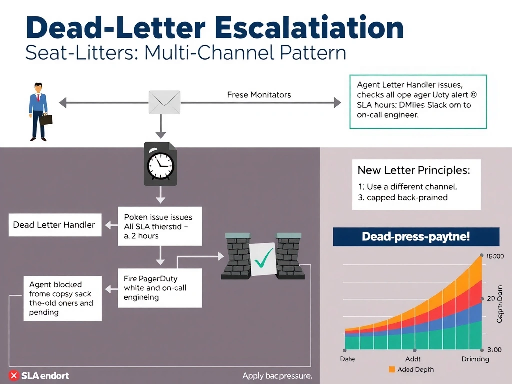 2048x1536 landscape infographic titled 'Dead-Letter Escalation: SLA-Monitored Multi-Channel Pattern'. Top shows the original broken flow: Agent → GitHub Issue → Email (spam folder icon with X). Middle shows the dead-letter handler architecture: a monitoring workflow with a clock icon checks all open escalation issues. If issue age > SLA threshold (e.g., 2 hours): fire PagerDuty alert AND send Slack DM to on-call engineer. Plus: back-pressure gate showing agent blocked from creating new escalations while old ones are pending. Bottom right: queue depth chart showing old pattern (unbounded growth) vs new pattern (capped and drained). Side callout: 'Dead-Letter Principles: (1) Use a different channel. (2) Add SLA enforcement. (3) Apply back-pressure.'