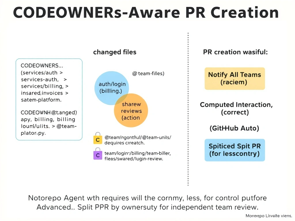 2048x1536 landscape infographic titled 'Monorepo Agent: CODEOWNERS-Aware PR Creation'. Left panel shows CODEOWNERS file excerpt: /services/auth → @team-auth, /services/billing → @team-billing, /shared/utils → @team-platform. Center shows agent computing changed files: auth/login.py, billing/invoices.py, shared/utils/logger.py. Intersection diagram: three circles (CODEOWNERS entries) overlapping with changed files list — highlights @team-auth, @team-billing, @team-platform as required reviewers. PR creation shows correct review requests populated. Right panel shows contrast: 'Notify All Teams (wasteful)' vs 'Computed Intersection (correct)' vs 'GitHub Auto (reactive, less control)'. Bottom callout: 'Advanced: Split PR by ownership boundary for independent team review.'