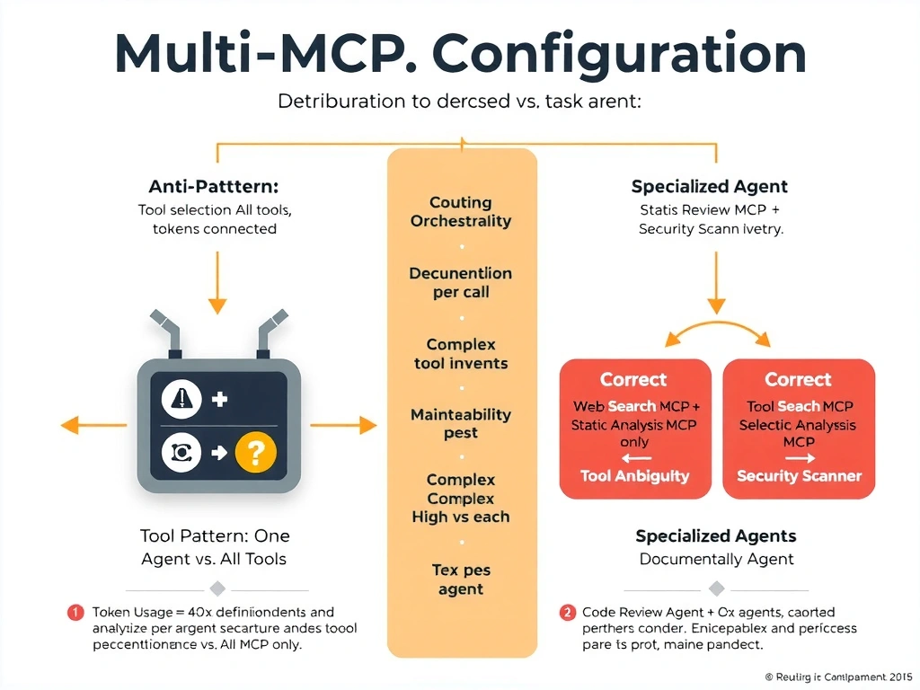 2048x1536 landscape infographic titled 'Multi-MCP Server Architecture: Specialized Servers per Integration'. Left panel 'Anti-pattern: Monolithic MCP Server' — single server box labeled 'All-in-One MCP' with four integration icons inside (GitHub, Jira, KB, Slack). Agent connects to one server. Red callout: single point of failure, shared auth, coupled deployment. Right panel 'Correct: Specialized MCP Servers' — agent box in center with four separate server boxes around it: GitHub MCP (GitHub icon, OAuth token), Jira MCP (Jira icon, API key), Knowledge Base MCP (book icon, internal auth), Slack MCP (Slack icon, OAuth). Each server connects independently to its external service. Green callouts: isolated failures, independent auth, independent deployment cycles. Bottom benefits table: Failure isolation (one down = others still work), Auth isolation (no shared credential surface), Deployment independence (update one, redeploy one).