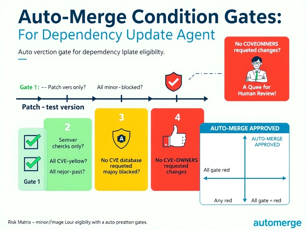 2048x1536 landscape infographic titled 'Auto-Merge Condition Gates for Dependency Update Agent'. Horizontal checklist gate with four sequential checks: Gate 1 — 'Patch version only?' (semver diagram: patch=green, minor=yellow/blocked, major=red/blocked). Gate 2 — 'All CI checks pass?' (test runner green checkmarks). Gate 3 — 'No CVEs in new version?' (security shield with CVE database query illustration). Gate 4 — 'No CODEOWNERS requested changes?' (human reviewer icon with thumbs down = block). All four gates green → 'AUTO-MERGE APPROVED' banner. Any gate red → 'Queue for Human Review.' Side panel: Risk Matrix comparing patch/minor/major update risk levels with appropriate auto-merge eligibility.