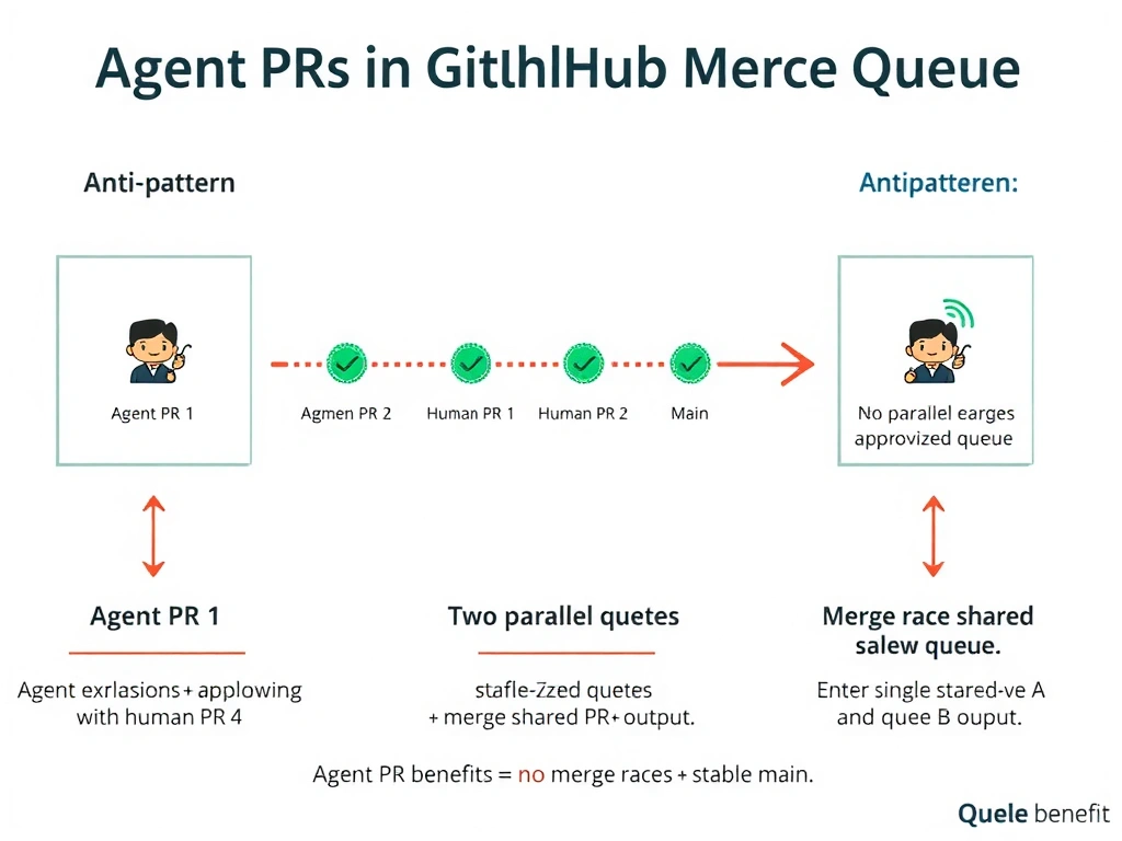 2048x1536 landscape infographic titled 'Agent PRs in GitHub Merge Queue'. Center shows merge queue visualization: serialized queue with Agent PR 1, Human PR 2, Agent PR 3, Human PR 4 in order. Each entry shows status checks (green) and approval badges before merge queue entry. Arrow shows serialized merge flow to main branch. Left panel shows anti-pattern: Agent bypass lane → main (dashed red line bypassing queue → conflict explosion with human PR in queue). Right panel shows anti-pattern: Two parallel queues → merge race between queue A and queue B output. Bottom panel shows correct flow: Agent PR meets conditions (CI pass + approvals) → enters single shared queue → serialized merge. Queue benefit callout: 'No parallel merges = no merge races = stable main.'