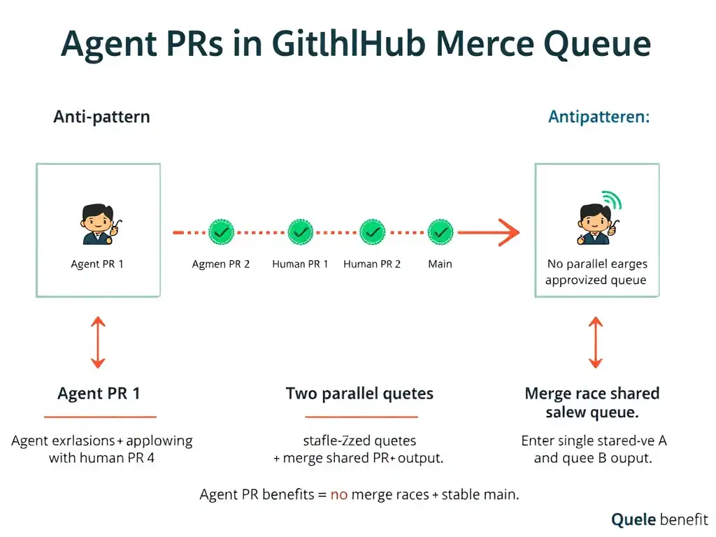 2048x1536 landscape infographic titled 'Agent PRs in GitHub Merge Queue'. Center shows merge queue visualization: serialized queue with Agent PR 1, Human PR 2, Agent PR 3, Human PR 4 in order. Each entry shows status checks (green) and approval badges before merge queue entry. Arrow shows serialized merge flow to main branch. Left panel shows anti-pattern: Agent bypass lane → main (dashed red line bypassing queue → conflict explosion with human PR in queue). Right panel shows anti-pattern: Two parallel queues → merge race between queue A and queue B output. Bottom panel shows correct flow: Agent PR meets conditions (CI pass + approvals) → enters single shared queue → serialized merge. Queue benefit callout: 'No parallel merges = no merge races = stable main.'