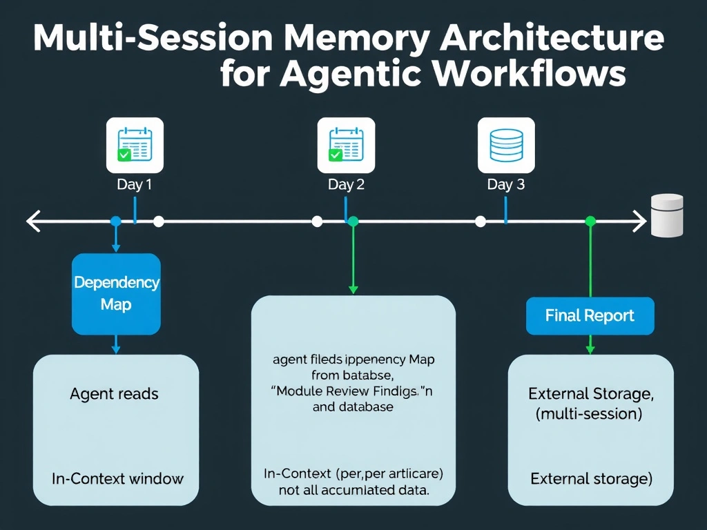 2048x1536 landscape infographic titled 'Multi-Tier Memory Architecture for Long-Running Agents'. Three-tier pyramid: Top tier labeled 'In-Context (Session)' — speech bubble icons, conversational turns, session scope indicator. Middle tier labeled 'External Task State (Operational)' — database icon, PR review log table with columns (PR#, date, conclusion, agent), query examples. Bottom tier labeled 'Knowledge Store (Organizational)' — book/knowledge base icon, architectural decisions records with timestamp, rationale, and linked PRs. Right panel shows memory lifecycle arrows: 'Session ends → summarize to task state. Major decision → promote to knowledge store.' Access pattern comparison: In-context (immediate, session only), Task State (queryable, weeks-months), Knowledge Store (searchable, months-years).