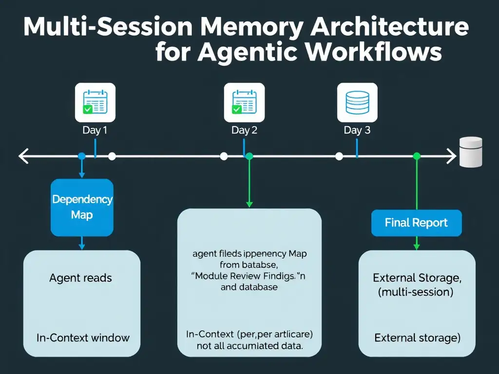 2048x1536 landscape infographic titled 'Multi-Tier Memory Architecture for Long-Running Agents'. Three-tier pyramid: Top tier labeled 'In-Context (Session)' — speech bubble icons, conversational turns, session scope indicator. Middle tier labeled 'External Task State (Operational)' — database icon, PR review log table with columns (PR#, date, conclusion, agent), query examples. Bottom tier labeled 'Knowledge Store (Organizational)' — book/knowledge base icon, architectural decisions records with timestamp, rationale, and linked PRs. Right panel shows memory lifecycle arrows: 'Session ends → summarize to task state. Major decision → promote to knowledge store.' Access pattern comparison: In-context (immediate, session only), Task State (queryable, weeks-months), Knowledge Store (searchable, months-years).